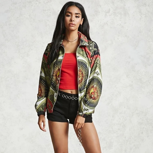 Forever 21 Black Orange Baroque Graphic Windbreaker - Small - Picture 2 of 8